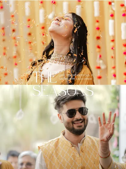 A split image showing the bride in a shower of flower petals and the groom smiling. This artistic shot captures the essence of the Haldi ceremony, full of blessings and happiness.