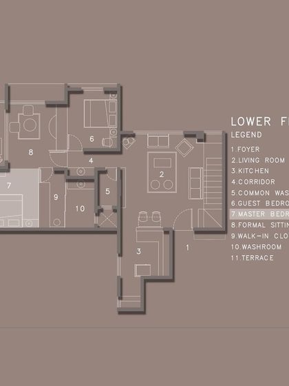 The master bedroom layout for the Duplex Project's lower floor. We design walk-in closets and private seating areas to create a complete, self-contained suite for ultimate comfort.