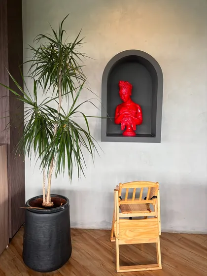 A Dracaena plant stands in a corner, its slender form adding height and elegance. The bright red sculpture in the niche beside it creates a striking contrast, showing how plants can interact with art and decor.