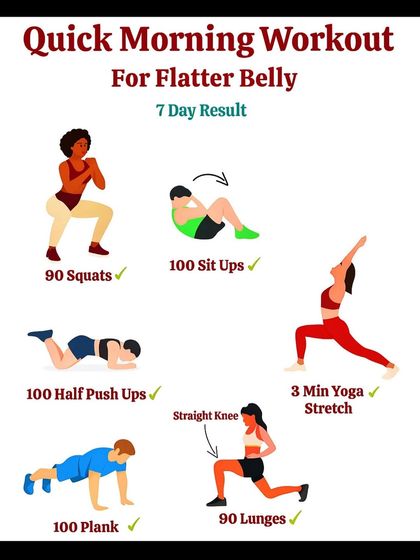 A quick morning workout for a flatter belly with a 7-day result promise, including squats, sit-ups, and yoga stretches.