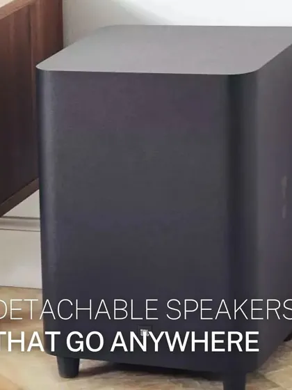 The JBL Bar 5.1 system offers true wireless surround sound with 510W of power. The main soundbar features detachable, battery-powered speakers that you can place anywhere in the room for a truly flexible and immersive audio experience.