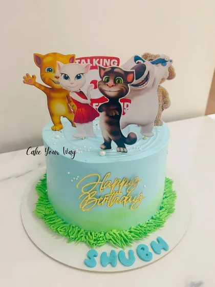 A simple yet fun Talking Tom and Friends themed cake, perfect for fans of the popular game.