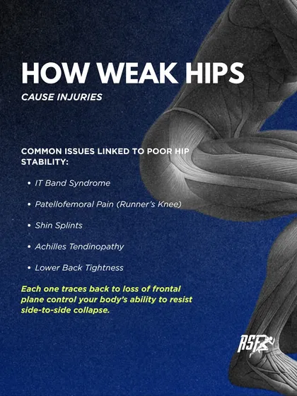 This is how weak hips cause injuries. Common issues like IT Band Syndrome, Runner's Knee, and Achilles Tendinopathy can often be traced back to a loss of frontal plane control, where the body cannot resist side-to-side collapse.