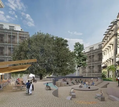 This rendering imagines a central amphitheater within 'The Estate,' creating a new cultural hub for performances and community gatherings in the heart of South Bombay's commercial district.
