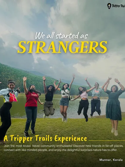 We all started as strangers. A group of women jumps for joy in front of a lake in Munnar. This is the Tripper Trails experience: making friends and memories in beautiful places.