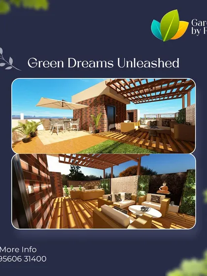 Two views of a terrace design featuring a brick accent wall and a wooden deck under a pergola. This collage shows how we create versatile spaces that are perfect for both sunny afternoons and cozy evenings.