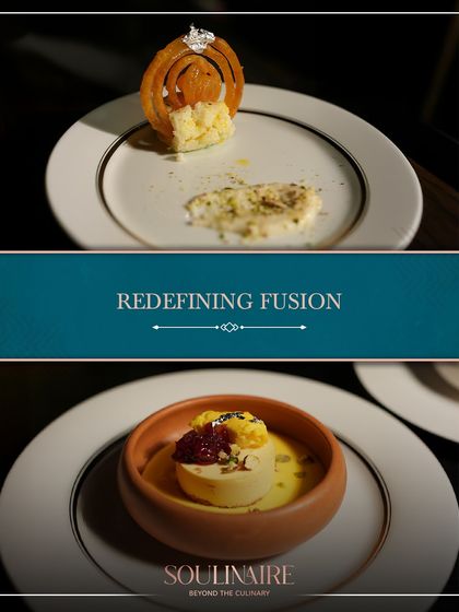 A collage redefining fusion, with a dish featuring a spiral of jalebi and another showcasing a modern kulfi. We celebrate creativity by blending tradition with imagination.
