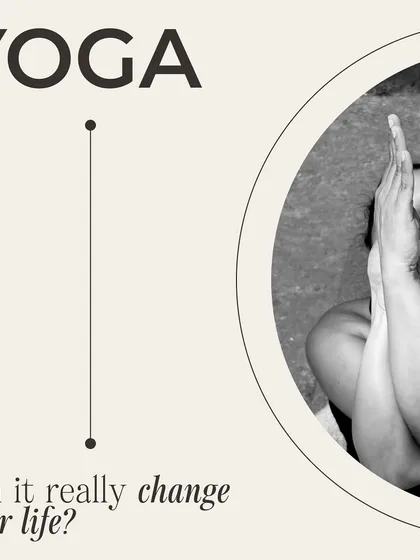 The cover image for my "moon cycle" story, asking the question: Can yoga really change your life? My story is my answer.