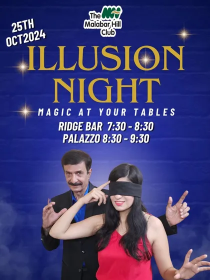 A poster for our "Illusion Night" where we bring magic right to your tables at the Malabar Hill Club. This one features my signature blindfold act.
