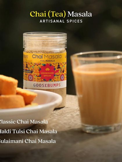 My range of Chai Masalas is designed for every tea lover. This image showcases the Classic Chai Masala, along with other variations like Haldi Tulsi and Sulaimani, each offering a unique and aromatic experience.