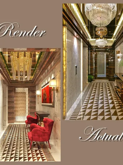 We believe in precision from concept to completion. This comparison shows how our initial 3D render for a luxury corridor, with its geometric marble flooring and statement lighting, was executed with meticulous attention to detail in the final build.