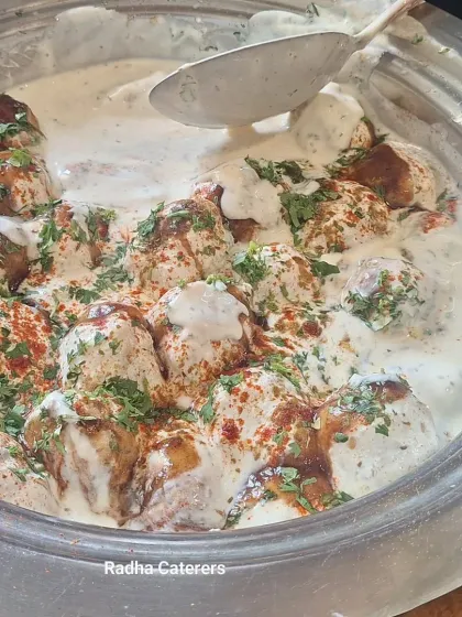 A close-up of our classic Dahi Vada, perfectly soft and soaked in creamy yogurt, garnished with fresh coriander and spices. It's a crowd favorite at every event, from birthday parties to wedding receptions.