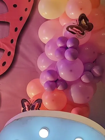 More details of the butterfly-themed balloon garland and the large marquee number.