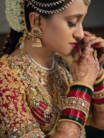 Additional views showcasing the variety and detail of my heirloom bridal sarees. Each image captures a different angle, moment, or detail, from full portraits to close ups of the fabric and embroidery, illustrating the complete story of each bride's custom creation.