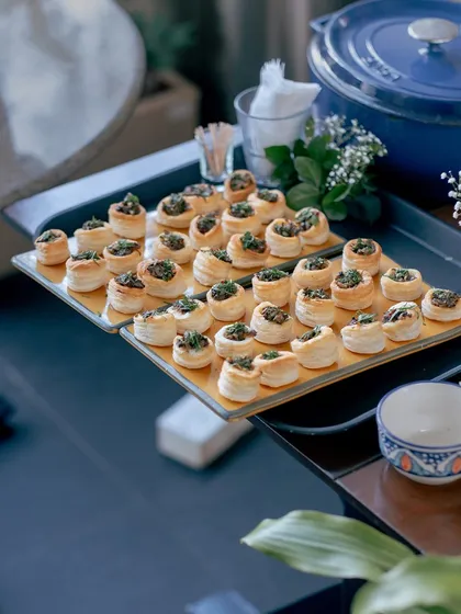 Trays of bite-sized vol-au-vents, part of the exquisite catering for our Golden Circle event.