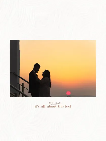 As the sun sets, we find the feeling. This silhouette against the warm glow of dusk perfectly captures my philosophy: it's all about the feel. This is the kind of serene, romantic, and deeply personal image I aim to create for every couple.