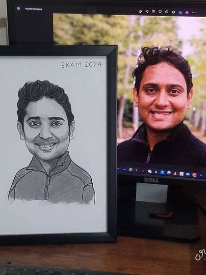 A black and white caricature gift, framed and ready for a corporate event.