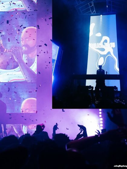 A collage from Nucleya's set, featuring confetti cannons and visuals of his iconic "Raja" character.