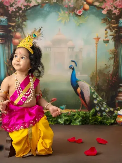 A little boy dressed as Krishna, sitting thoughtfully in a divine setting complete with a peacock and pots of butter. I provide all costumes and props for these sessions.