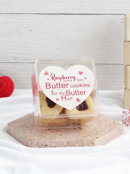 Show your love with our Raspberry centre-filled Butter Cookies, made especially for your "Butter Half." These heart-shaped treats are a sweet gesture for Valentine's Day.
