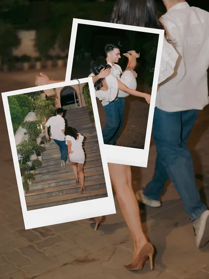 A creative collage of Polaroid-style photos capturing the energy of a couple running and celebrating after their proposal.