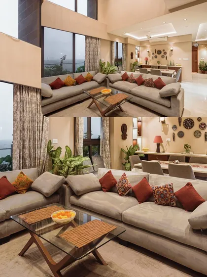 A collage showing the living and dining areas of a minimalist duplex, highlighting the use of indoor plants to bring nature inside.