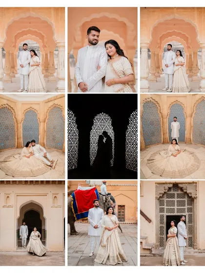 A collage showcasing the variety of shots we can achieve within a single palace location. From a silhouette kiss against a jali window to a grand pose with an elephant, we make the most of every corner for Sanjay and Ashwini's shoot.