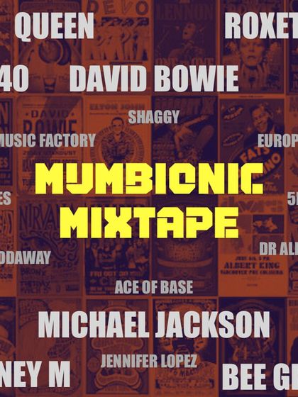 The cover art for my "Mumbionic Mixtape," celebrating the best of 80s and 90s music. This mix covers everything from Pop and Rock to Disco and Reggae.