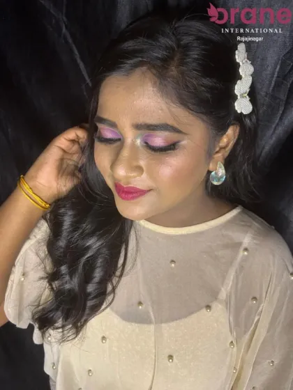 Another angle of the lavender eye makeup, showing the shimmer and blend of the eyeshadows.