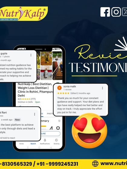 A collage of reviews praising our supportive approach and practical diet plans. With over 777 happy clients and a 4.8-star rating, we are a trusted choice in Delhi.