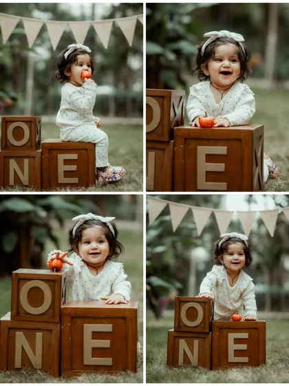 A four-part collage from a first birthday shoot, showing the baby girl interacting with the props and expressing a range of adorable emotions.