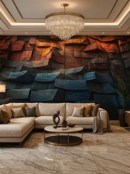This abstract 3D wallpaper features a pattern of overlapping, multi-colored blocks, creating a textured and visually interesting feature wall.