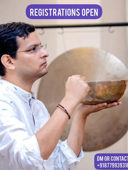 Registrations are open for our next sound journey. This image captures our guest teacher holding a singing bowl, an instrument of healing and a gateway to inner silence.