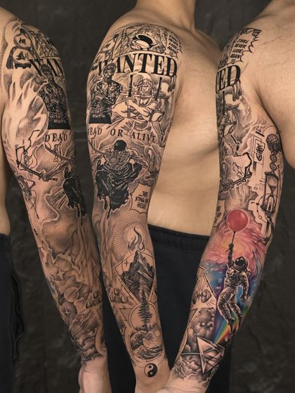 A truly epic full-sleeve tattoo telling a "Journey Through Determination." This piece combines anime themes, realism, nature, and abstract elements into a cohesive and breathtaking work of art.