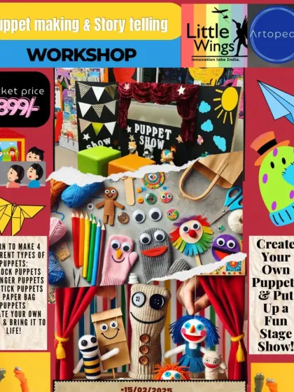 Announcing our Puppet Making and Storytelling workshop! This flyer gives you a peek into a session where kids learn to make four different types of puppets and then put on their very own stage show.