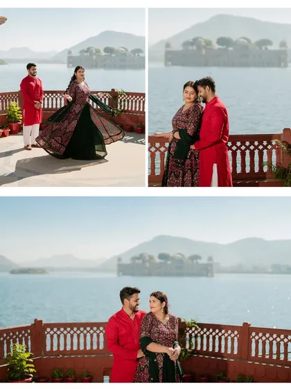 A vibrant shoot for Suyash and Somya at Jal Mahal, with their red and black outfits creating a striking contrast against the blue water and sky.