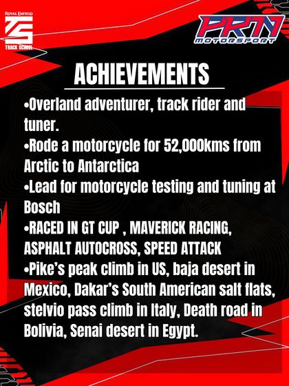 A list of Coach Avinash's incredible achievements, including racing in the Baja desert, Dakar's salt flats, and the Death Road in Bolivia, alongside his experience as a lead for motorcycle testing at Bosch.