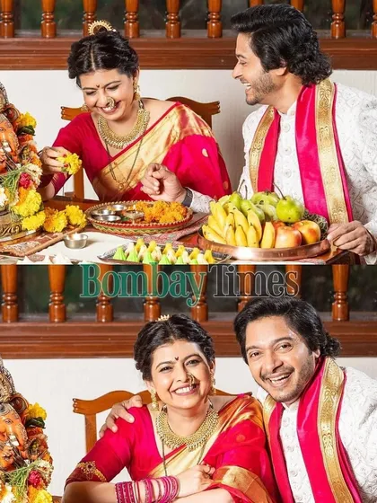 A collage from the Bombay Times feature, showing different moments from the Ganesh Chaturthi shoot with Shreyas and Deepti Talpade.