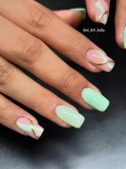 A fresh and modern design with mint green, abstract pink shapes, and a delicate gold line.