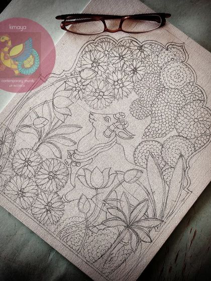 The detailed pencil sketch of the final Pichwai Cow painting. You can see the immense detail in the flowers and leaves that make up the lush background.