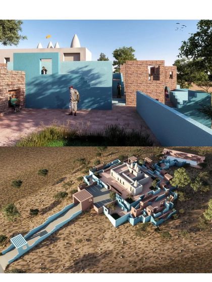Renderings of the 'SHIVA 1800' project, showing how new community spaces are integrated with the historic temple structure. The design uses the local Jodhpur blue lime plaster and exposed brick.