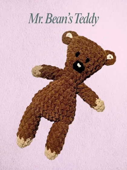 A custom-made plushie of Mr. Bean's Teddy. I used a super soft, fluffy yarn to give him that classic, well-loved look. It was so fun to recreate such an iconic character.