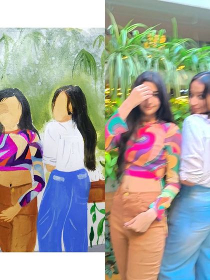 A fun project where I painted a faceless portrait of my friend and me, shown next to the original photo.