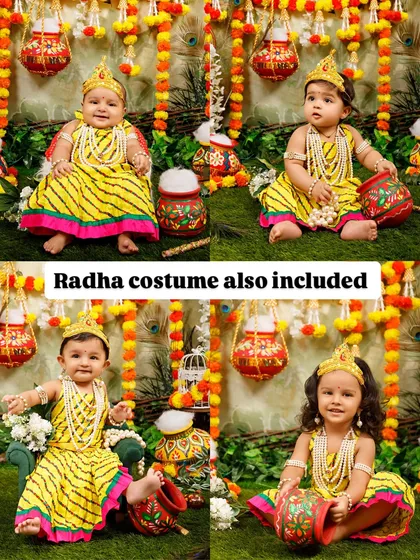 This graphic shows that the beautiful Radha costume is also included in the Janmashtami package.
