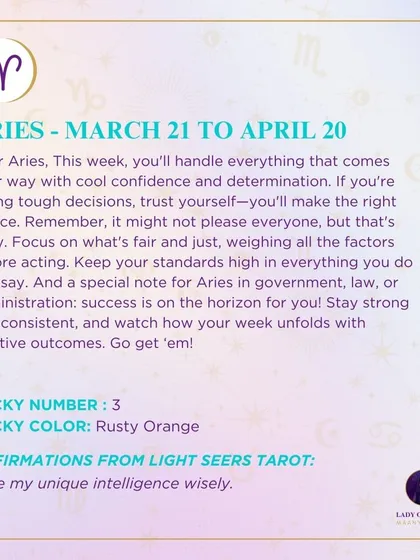 A weekly tarot forecast for Aries. This week, you will handle challenges with cool confidence and determination. It's a time to focus on what is fair and just, weighing all factors before making a decision.