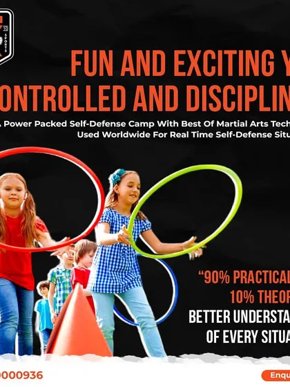 Our camp is designed to be both fun and disciplined. We focus on 90% practical training with 10% theory, ensuring kids learn real techniques for real situations while enjoying activities in a structured setting.