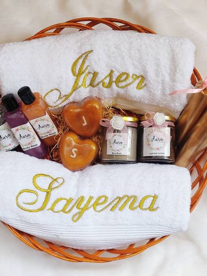 Another one of my luxury spa hampers for a bride-to-be. This basket is packed with personalized towels, initial soaps, body washes, candles, and other treats to help her relax before the big day.