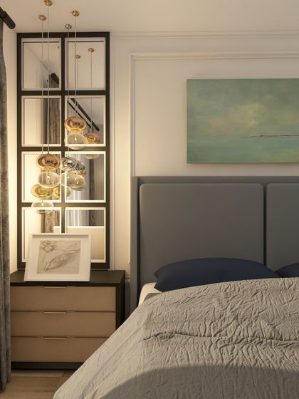 A 3D bedroom design featuring a grey upholstered bed and mirrored panels on either side, which help to make the room feel larger and more glamorous.