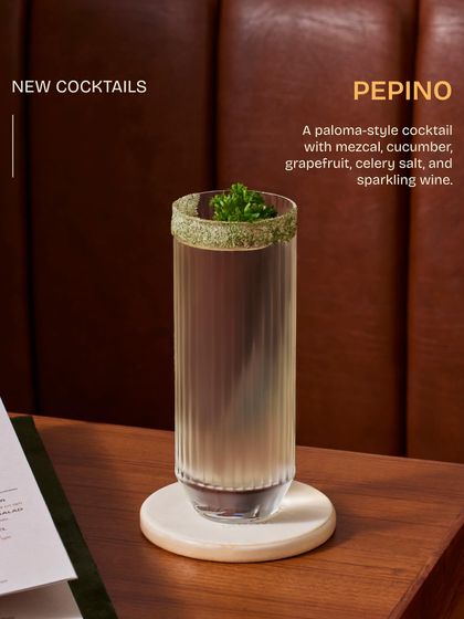 Introducing the Pepino, our take on a paloma. This refreshing cocktail features mezcal, cucumber, grapefruit, and sparkling wine, with a celery salt rim for a savory twist.