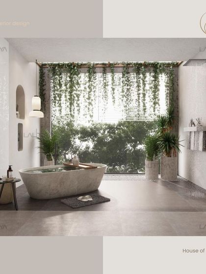 A bathroom concept that brings nature indoors. A stone-textured freestanding tub is placed before a wall of windows draped with hanging plants, creating a biophilic and serene bathing experience.
